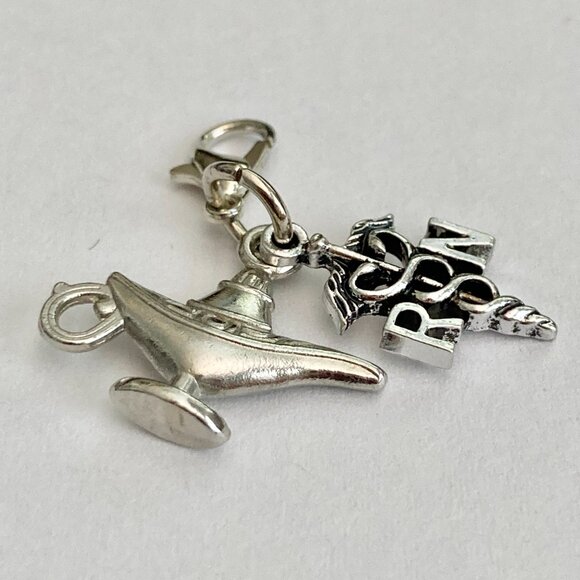 RN Nursing Caduceus Lamp Clip On Charm Zipper Pull Purse Charm Silver Plated - Picture 4 of 8